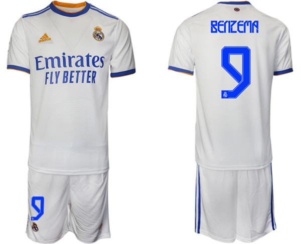 Men's Real Madrid #9 Karim Benzema 2021/22 White Home Soccer Jersey Suit